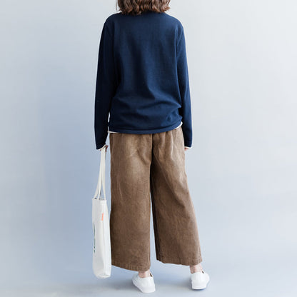 Dark Blue Knit Coats Loose Fitting High Neck Knit Sweat Tops