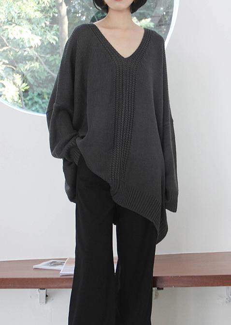 Dark Gray Knitted Blouse Fall V Neck Batwing Sleeve Knitted Clothes