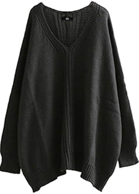 Dark Gray Knitted Blouse Fall V Neck Batwing Sleeve Knitted Clothes