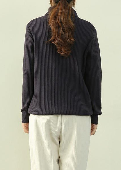 Navy Knitted Clothes Lapel Zippered Loose Fitting Knit Tops