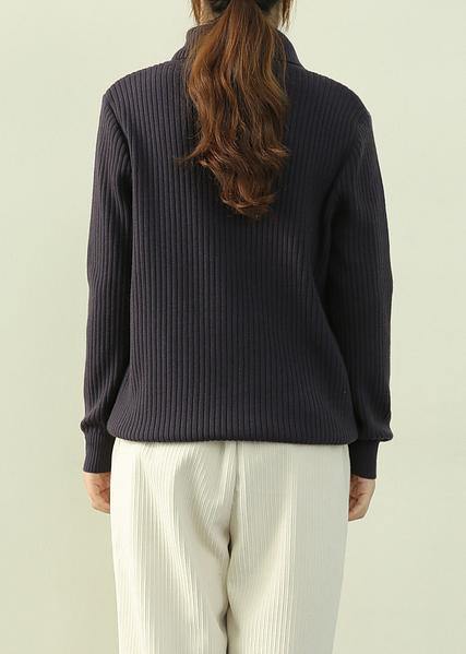 Navy Knitted Clothes Lapel Zippered Loose Fitting Knit Tops