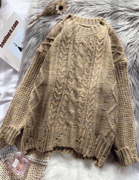 O Neck Brown Knitwear Plussize Thick Knitted Pullover