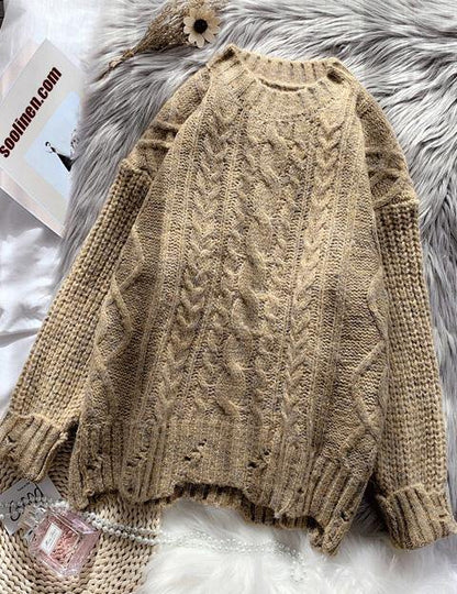 O Neck Brown Knitwear Plussize Thick Knitted Pullover