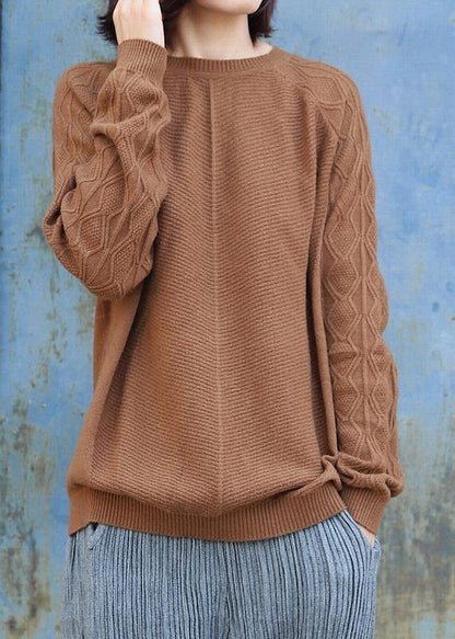 O Neck Cable Khaki Knit Sweat Tops Side Open Sweater Blouse
