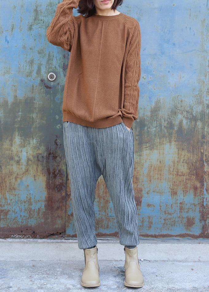 O Neck Cable Khaki Knit Sweat Tops Side Open Sweater Blouse
