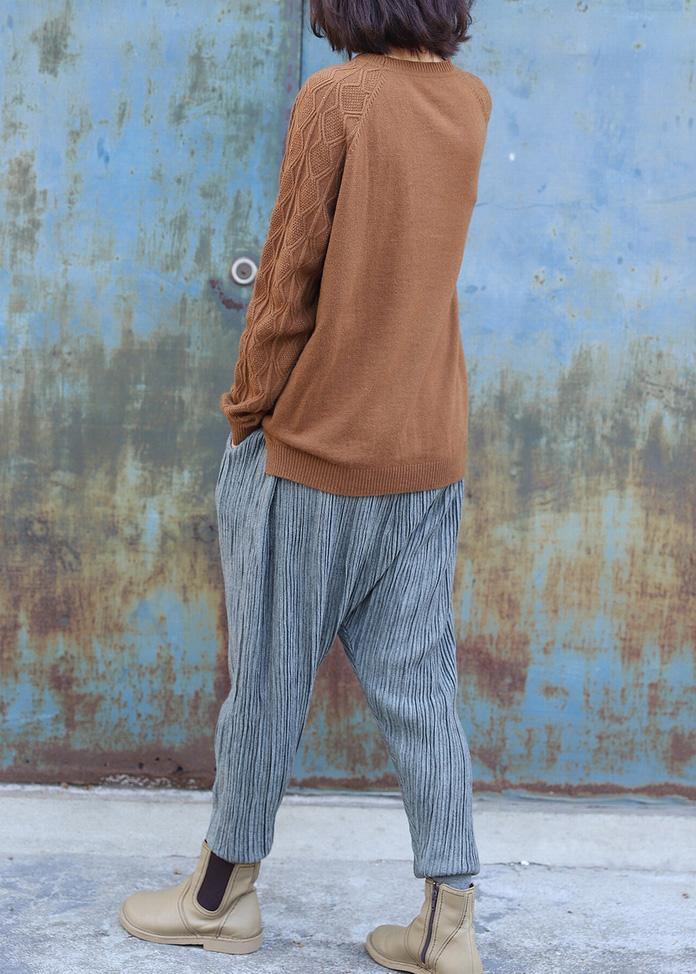 O Neck Cable Khaki Knit Sweat Tops Side Open Sweater Blouse