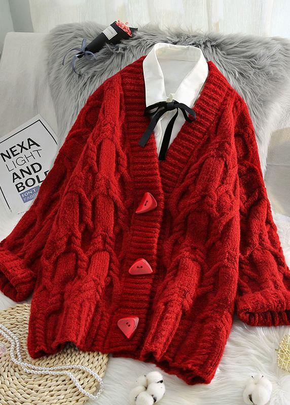 Red Knitted Outwear Spring V Neck Button Knit Outwear