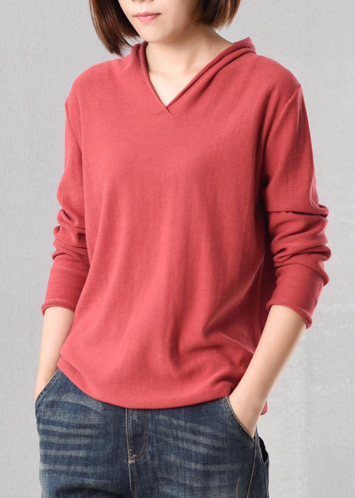 Red V Neck Knitted Outwear Loog Sleeve Knit Outwear Fall