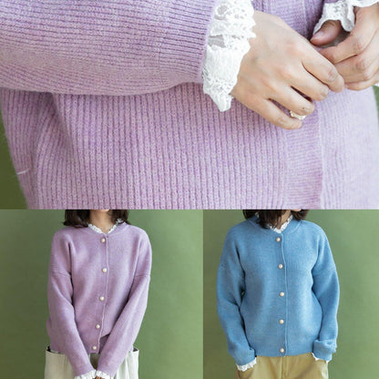 Ruffles Collar Knitwear Pink Long Sleeve Knitted Cardigans
