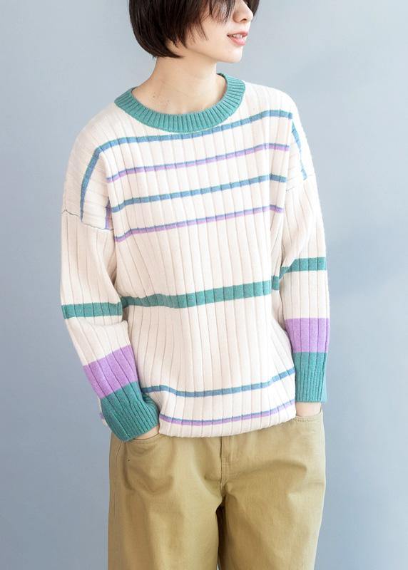 Winter Beige Sweaters Loose Fitting Patchwork Color Knitted Top