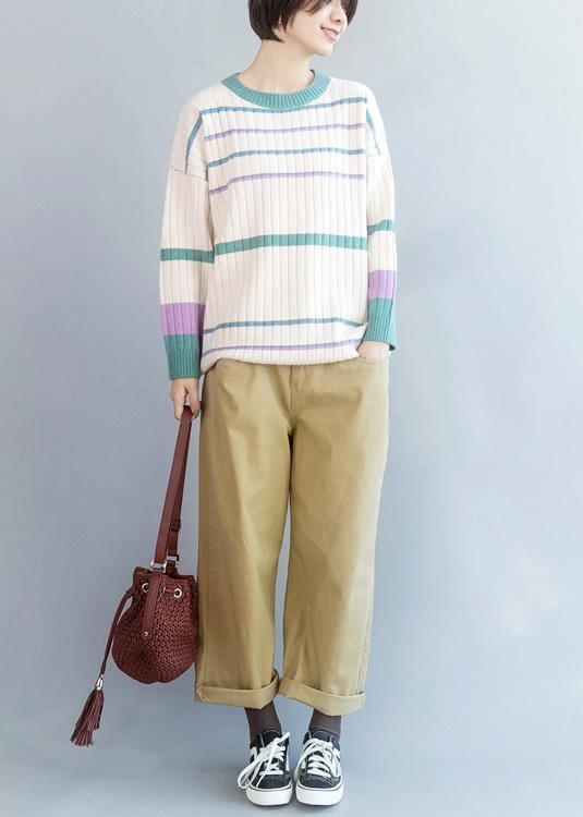 Winter Beige Sweaters Loose Fitting Patchwork Color Knitted Top