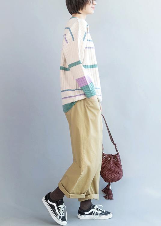 Winter Beige Sweaters Loose Fitting Patchwork Color Knitted Top