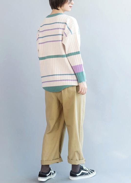 Winter Beige Sweaters Loose Fitting Patchwork Color Knitted Top