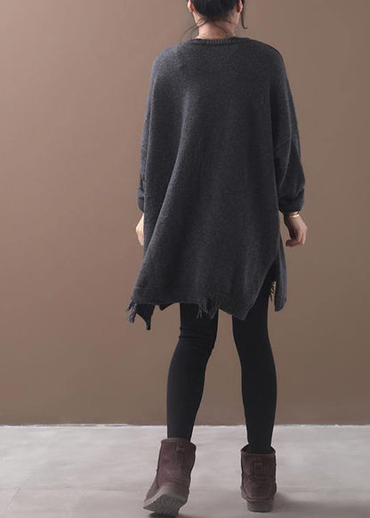 Winter Gray Knitted Blouse Hole Knit Tops