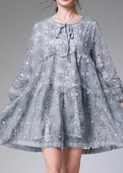 Grey Long Sleeve Lace Summer Maxi Dresses