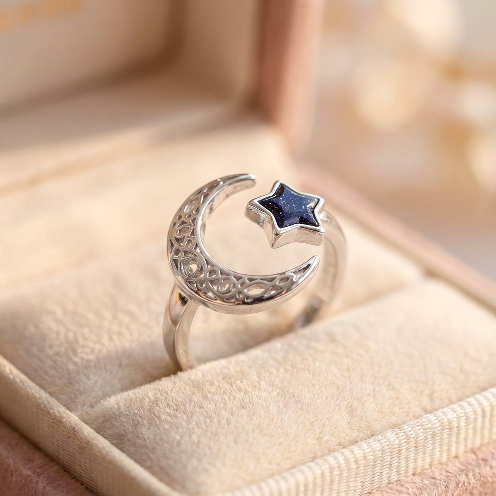 Vintage Adjustable Silver Moon And Star Ring