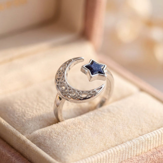 Vintage Adjustable Silver Moon And Star Ring
