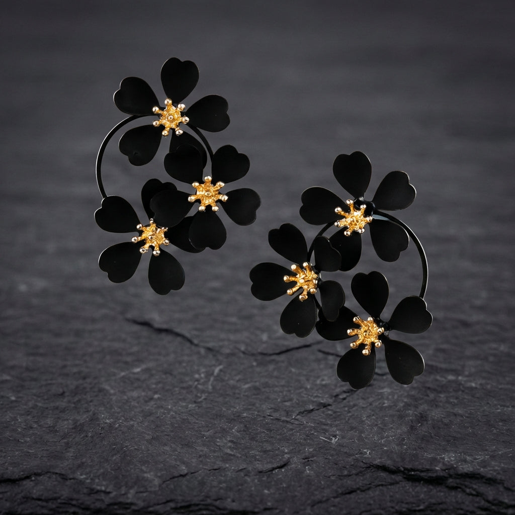 Vintage Black Flower Dangling Earrings