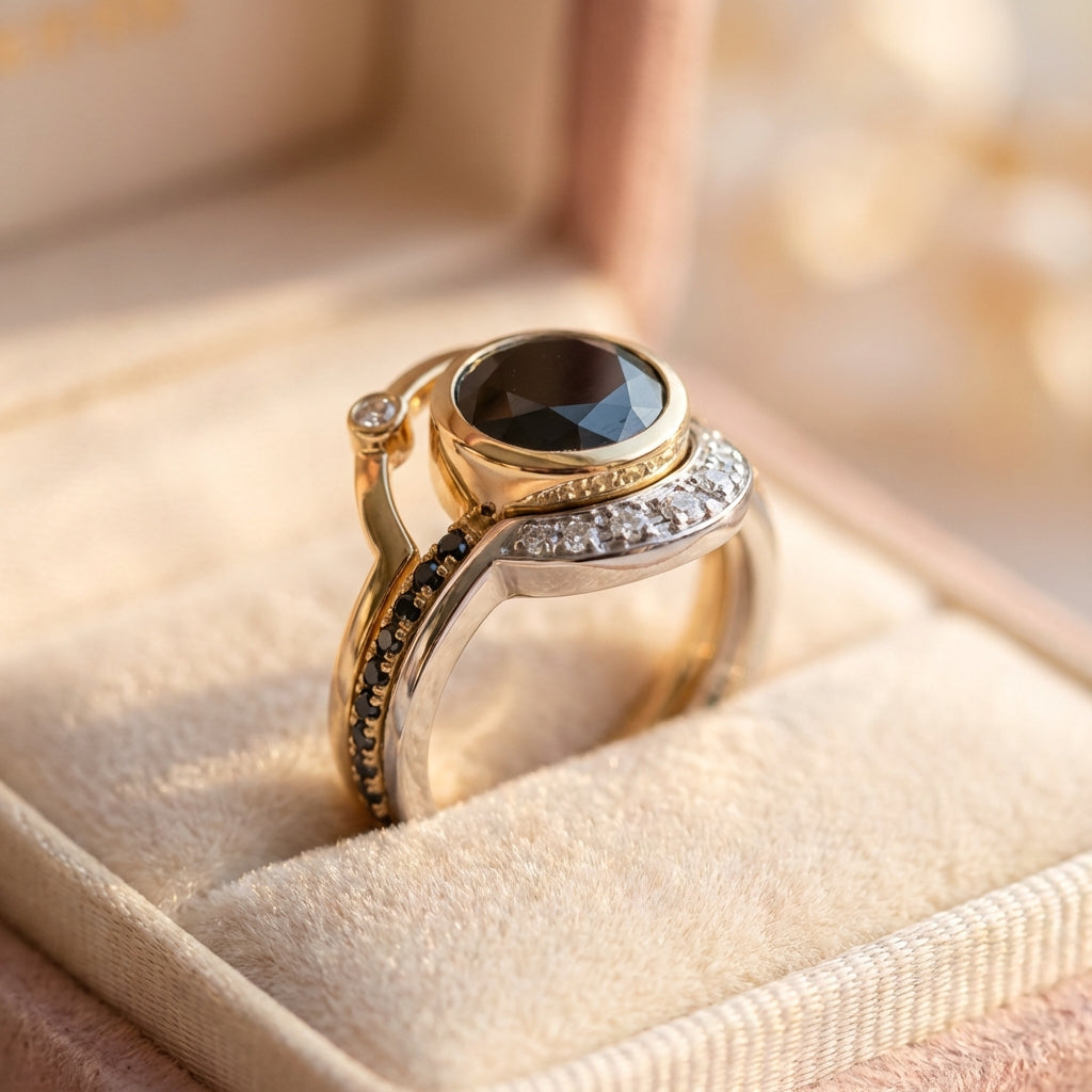 Vintage Black Glass & Zirconia Gold Ring