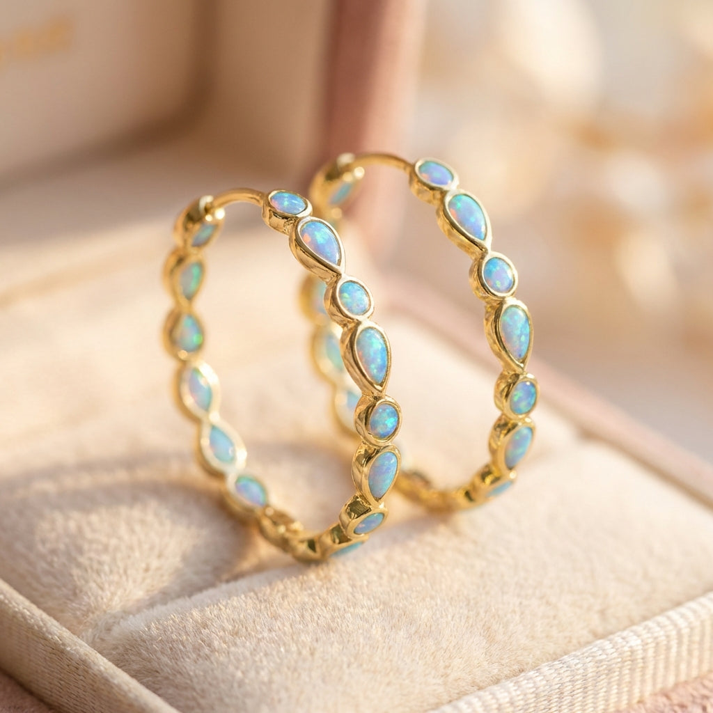 Vintage Blue Opal Gold Earrings