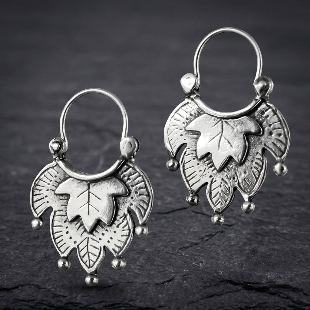 Vintage Carving Leaf Silver Earrings