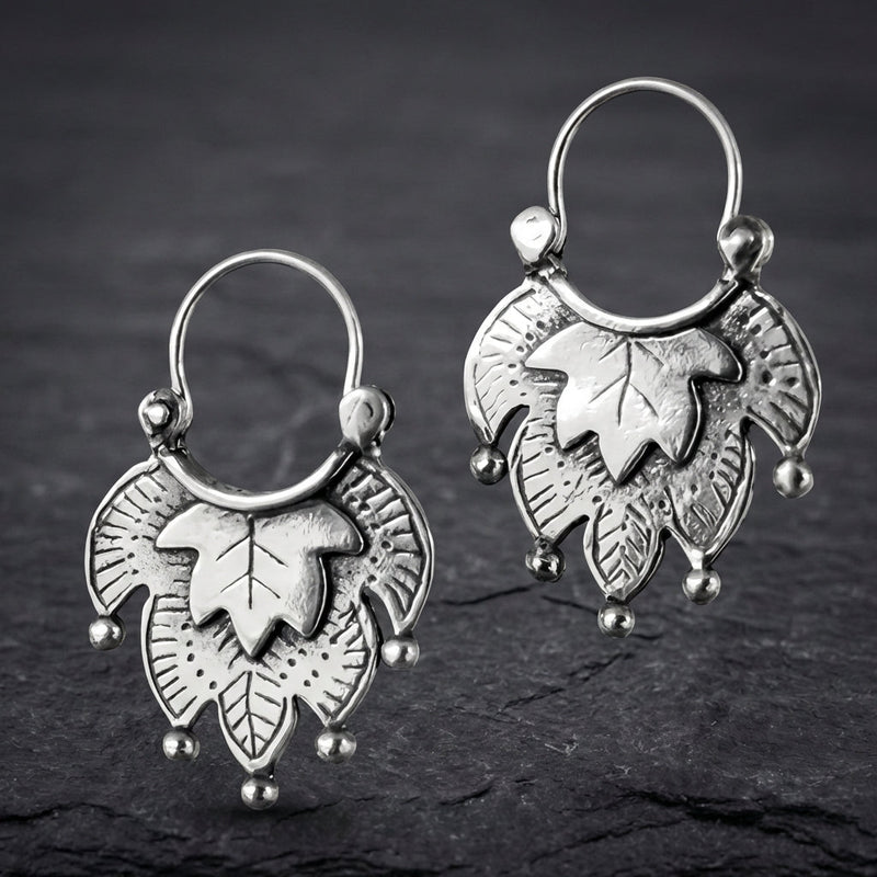 Vintage Carving Leaf Silver Earrings