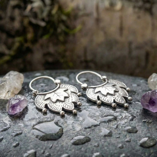 Vintage Carving Leaf Silver Earrings