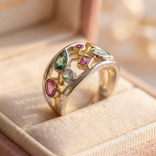 Vintage Colorful Glass Gold & Silver Ring