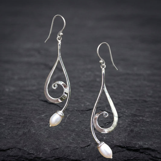 Vintage Dangling Spiral Pearl Silver Earrings