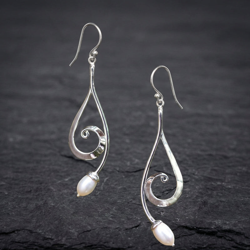 Vintage Dangling Spiral Pearl Silver Earrings