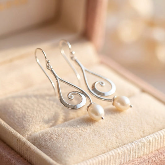 Vintage Dangling Spiral Pearl Silver Earrings