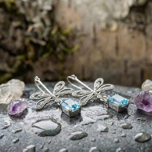 Vintage Dragonfly Blue Stone Dangle Earrings