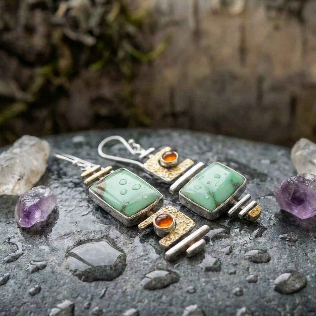 Vintage Geometric Green Stone Earrings