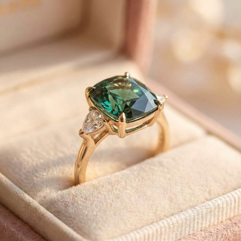 Vintage Gold & Green Stone Square Ring