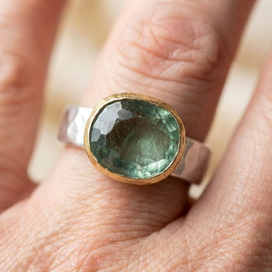 A Vintage Green Glass Gold & Silver Forged Ring