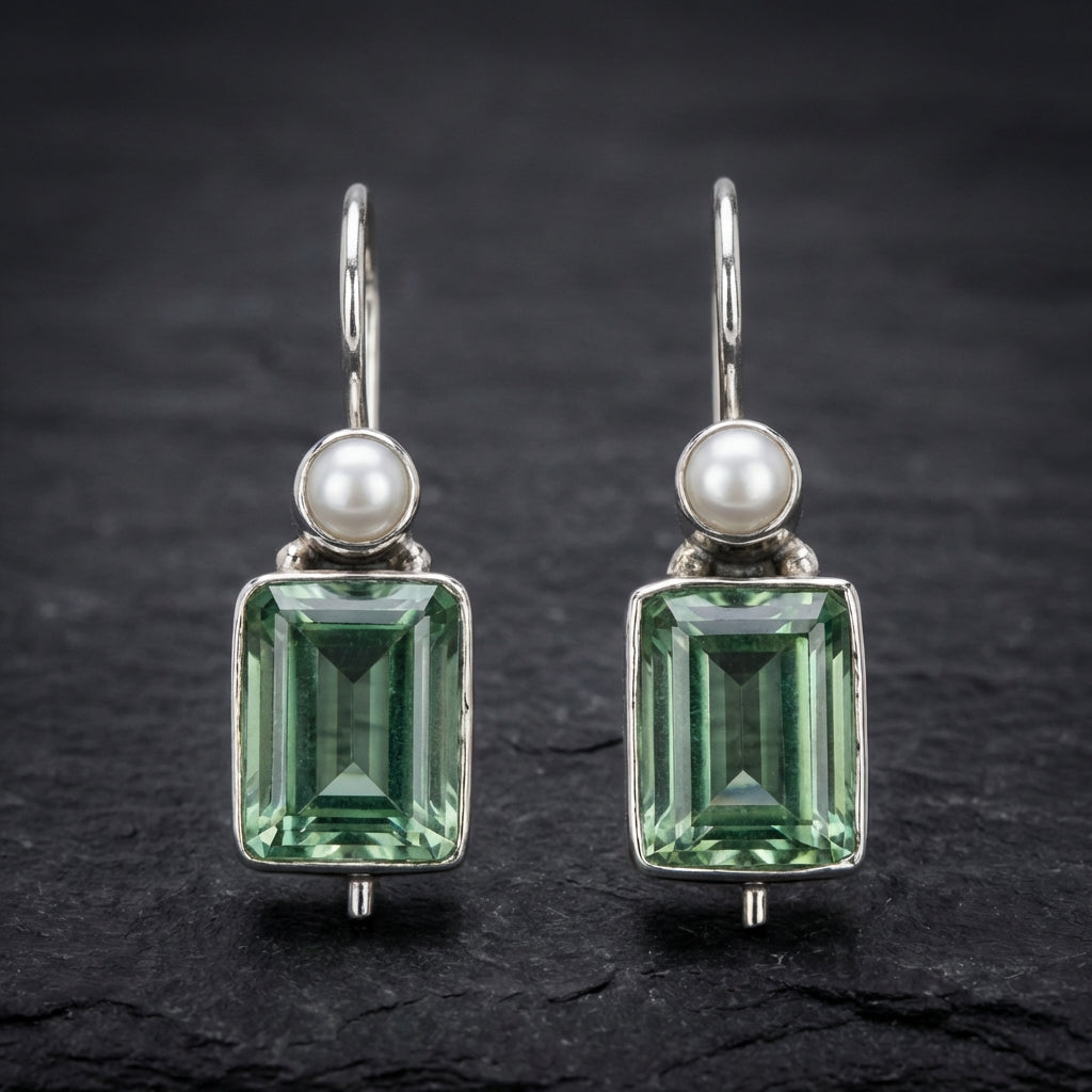 Vintage Green Stone Inlaid Pearl Earrings