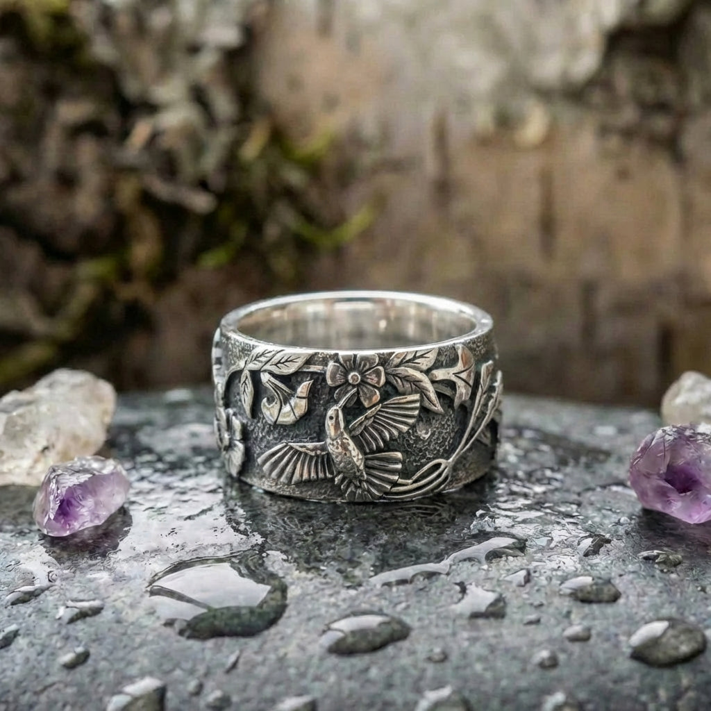 Vintage Hummingbird Flower Ring