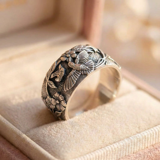 Vintage Hummingbird Flower Ring