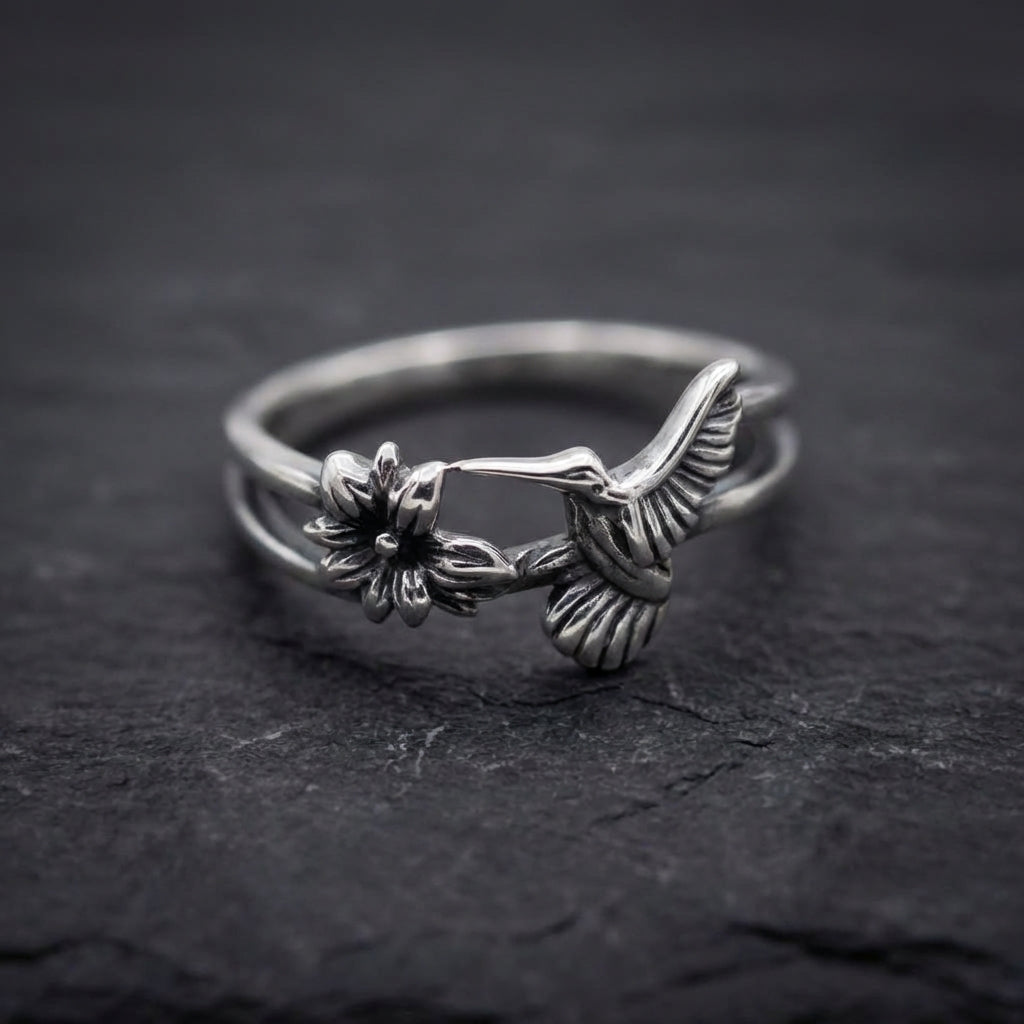 Vintage Hummingbird Flower Silver Ring