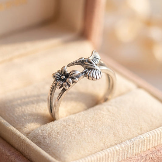 Vintage Hummingbird Flower Silver Ring