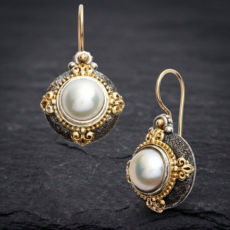 Vintage Inlaid Golden Pearl Earrings