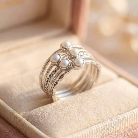 Vintage Inlaid Pearls Layered Silver Ring