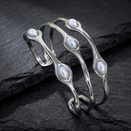Vintage Layered Silver Pearl Bangle Bracelet
