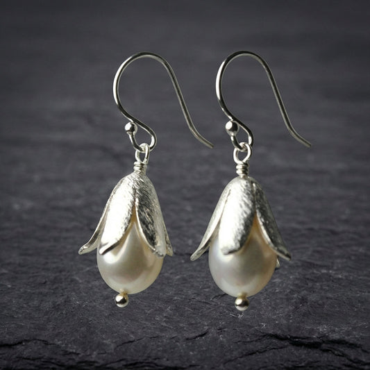 Vintage Lotus Pearl Silver Earrings