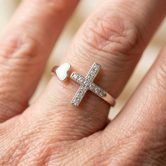 Vintage Love Cross Silver Resizable Ring