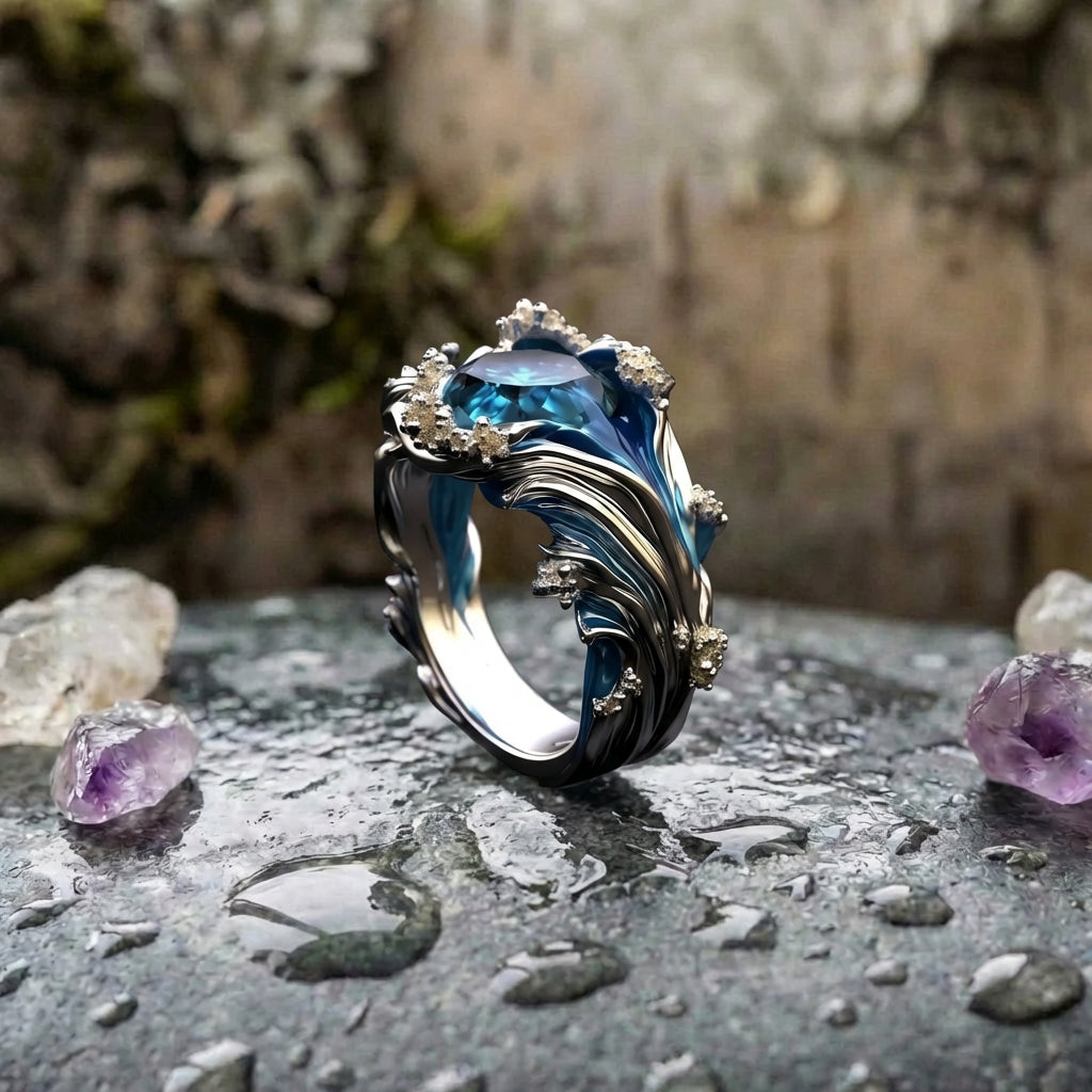A Vintage Ocean Wavy Crystal Ring