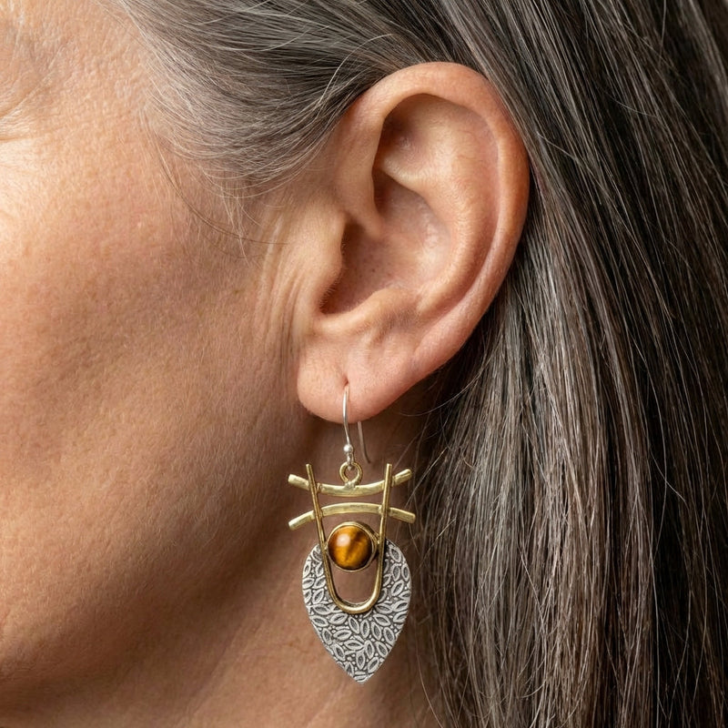 Orange Stone Gold & Silver Earrings