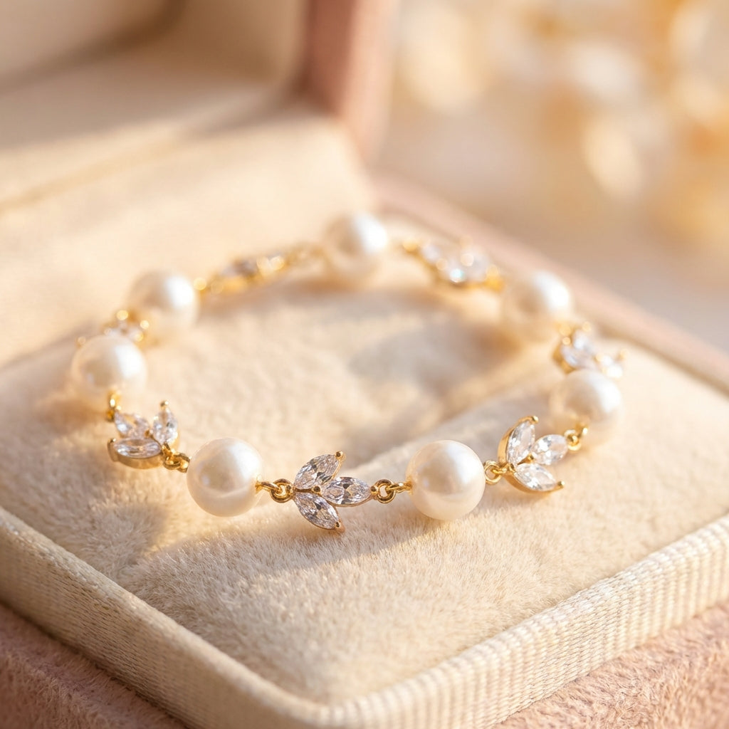 Vintage Pearl & Leaf Gold Bracelet