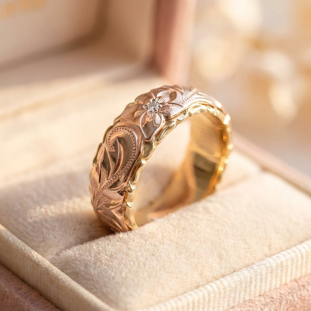 Vintage Rose Gold Flower Engraved Ring