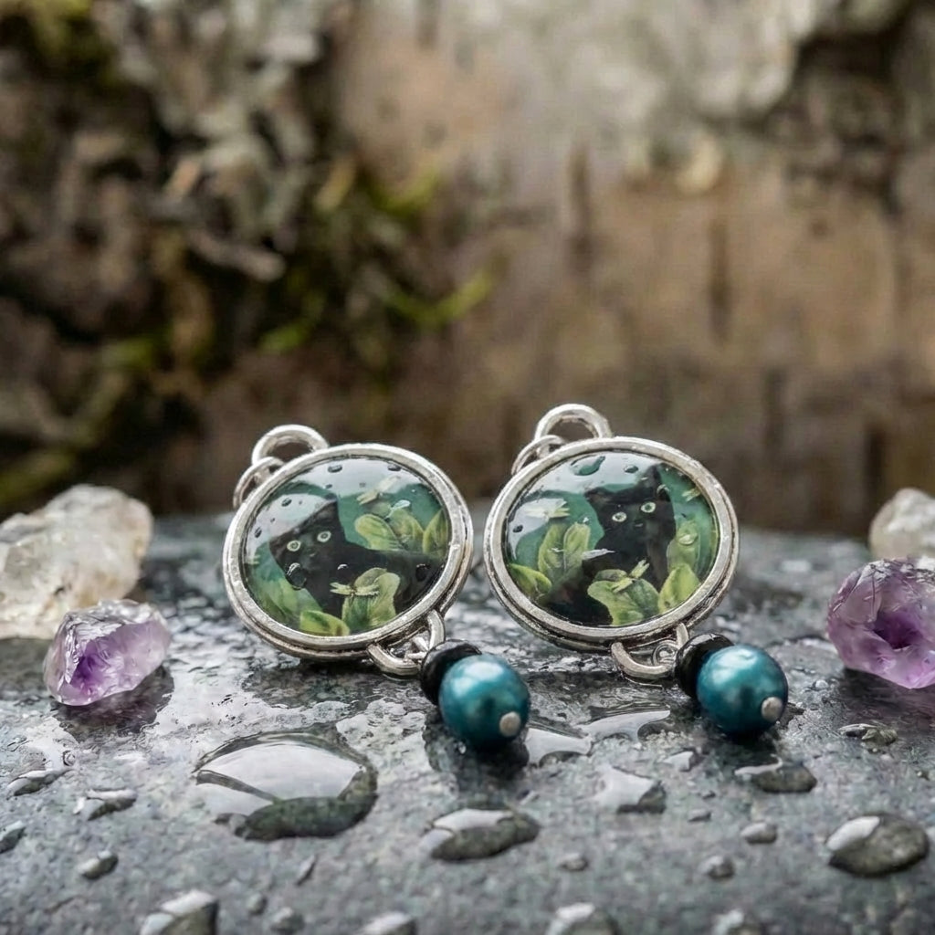 Vintage Round Black Cat Earrings